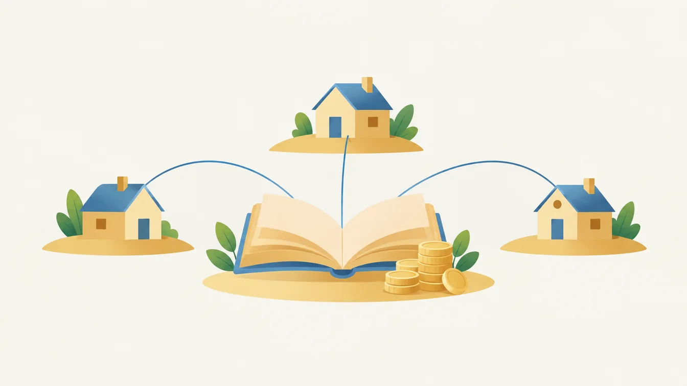 Illustration of homes connected around an open book and coins, representing community financial education.