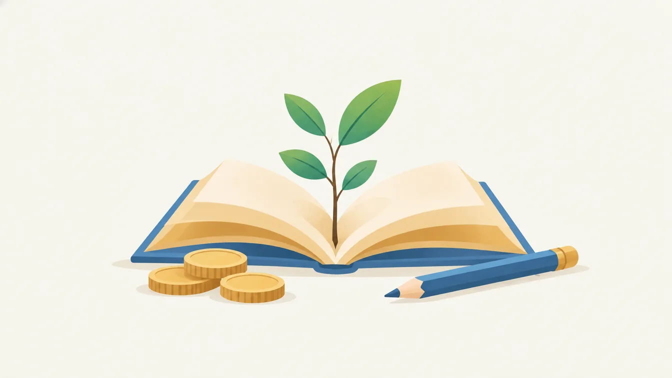 Illustration of a seedling growing from a book beside a pencil and coins, representing financial education for young people.