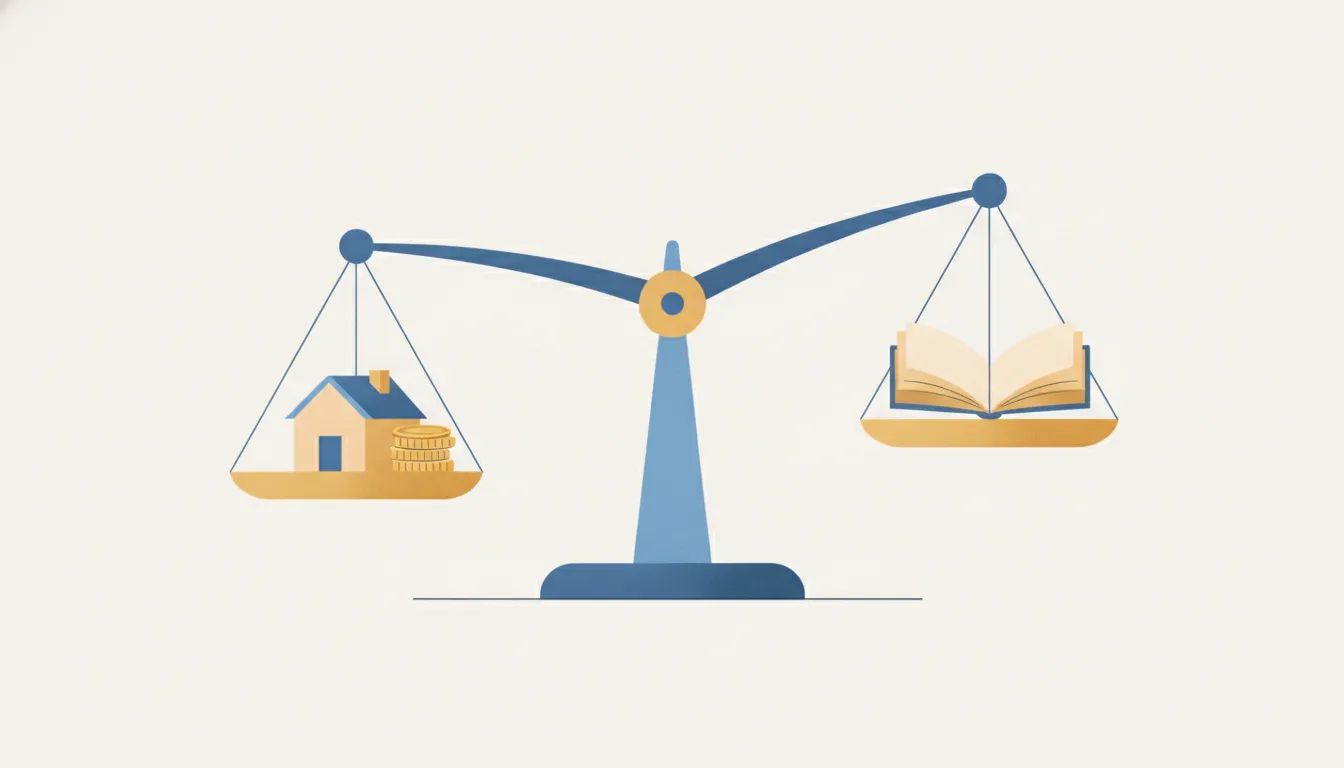 Illustration of a home, savings, and a book on a balance scale.