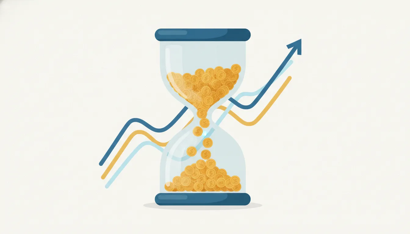 Illustration of coins in an hourglass beside upward curves.