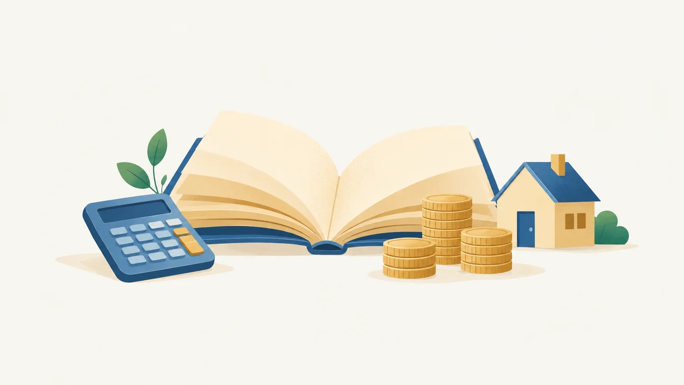 Illustration of an open book, calculator, coins, and a home representing money management education.