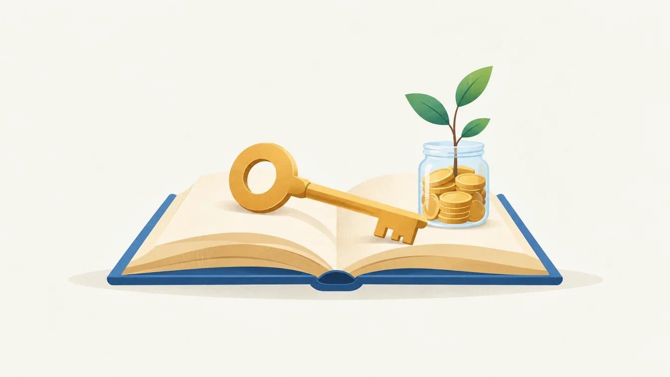 Illustration of a key, an open book, and a savings jar representing financial literacy.