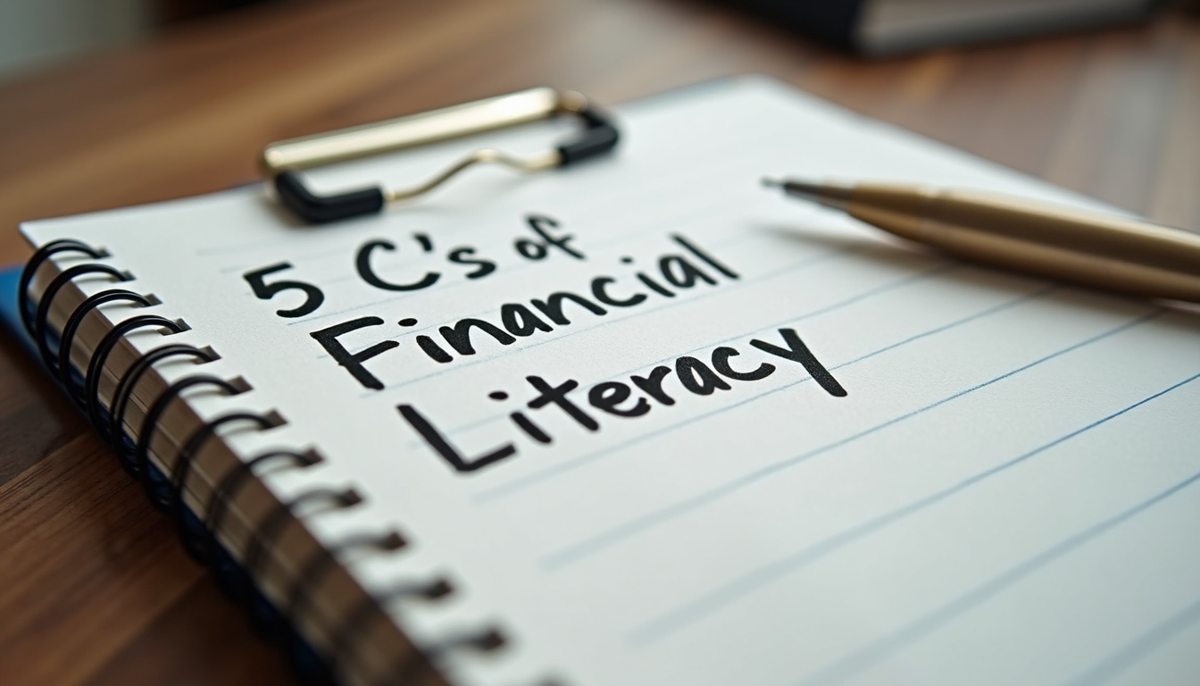 High angle view of a notebook with the 5 C's of financial literacy written on it