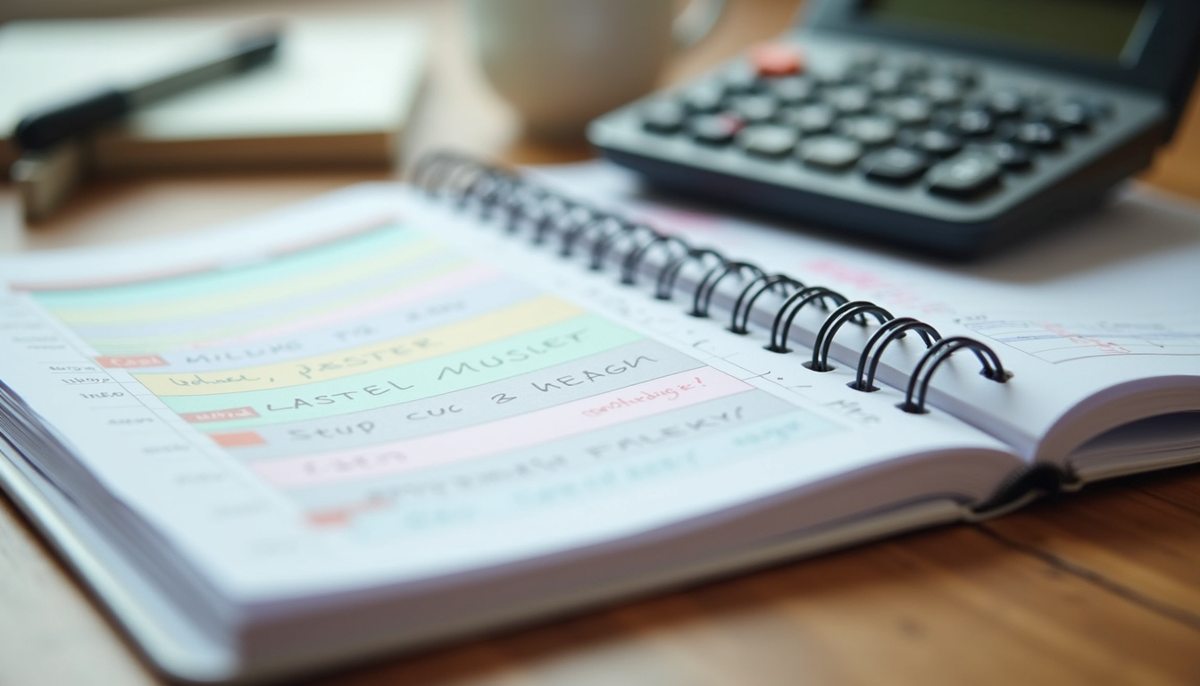 Close-up view of a budget planner with colorful notes and a calculator
