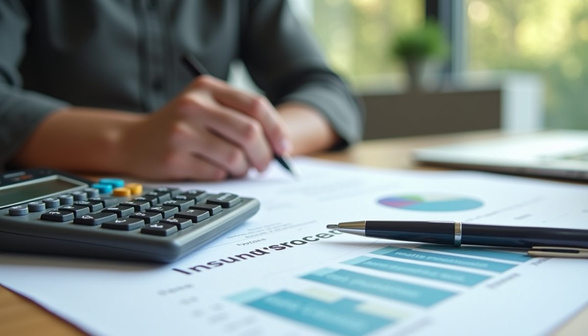 Close-up of a calculator and home insurance documents on a table