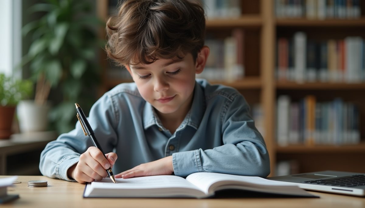 Eye-level view of a young person studying financial concepts with books and a laptop